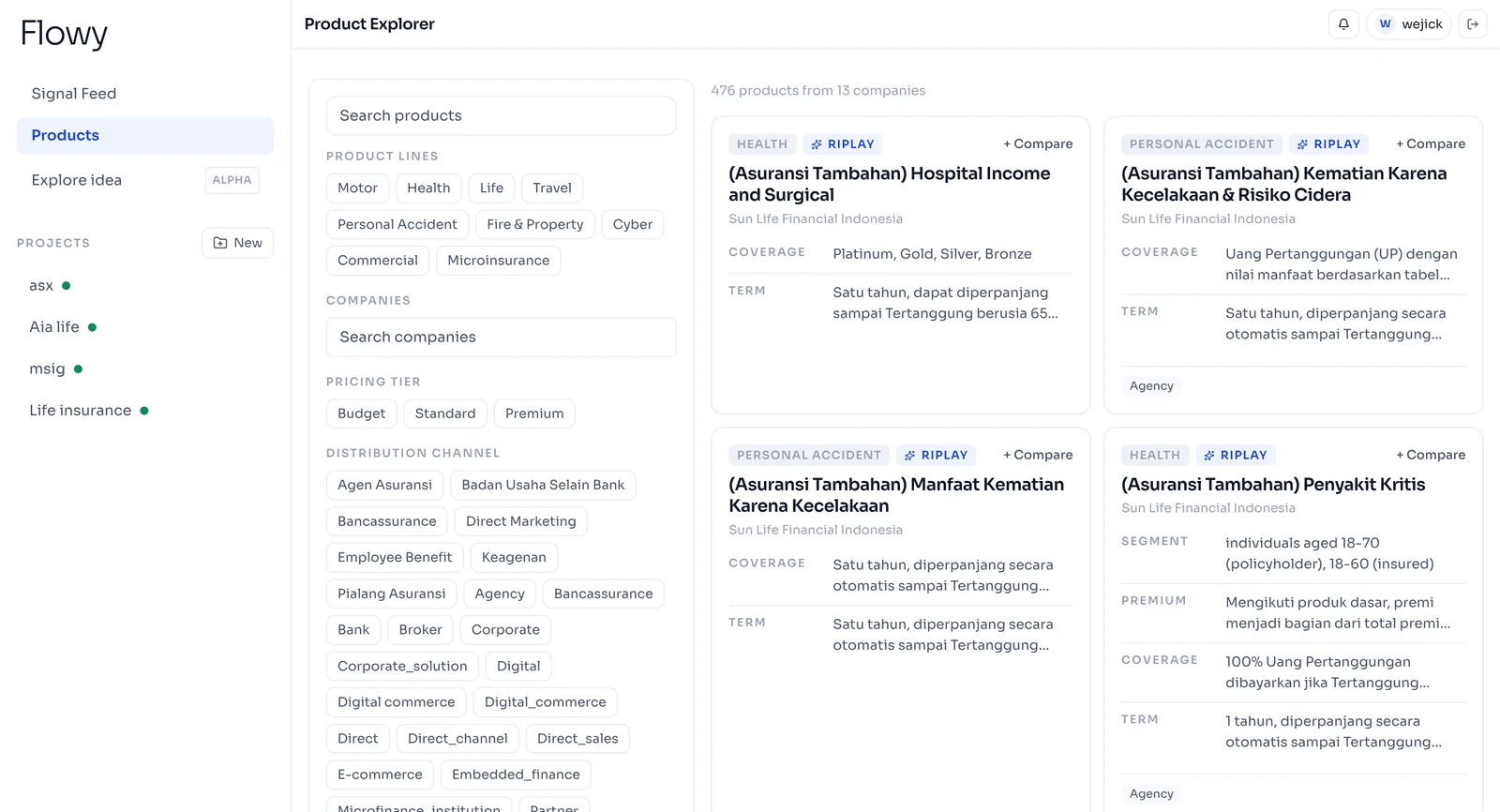 Flowy product explorer with filters and insurance product cards